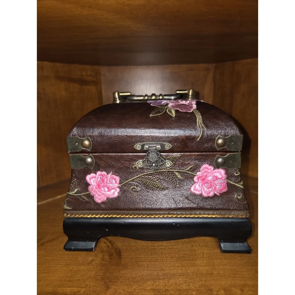 Brown Faux Leather Floral Decorative Box with Embroidered Flowers